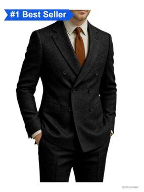 Men's Herringbone Tweed 2-Piece Suit Set Double-Breasted Slim Fit